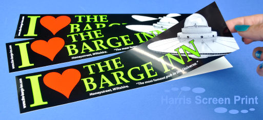 Bright bumper stickers printed for the Barge Inn pub