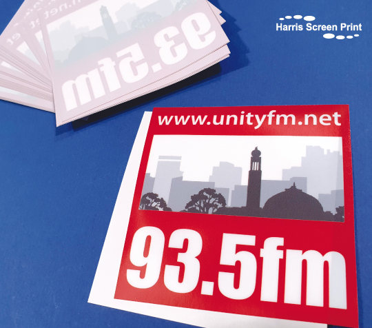 Car window stickers printed for Unity FM radio station