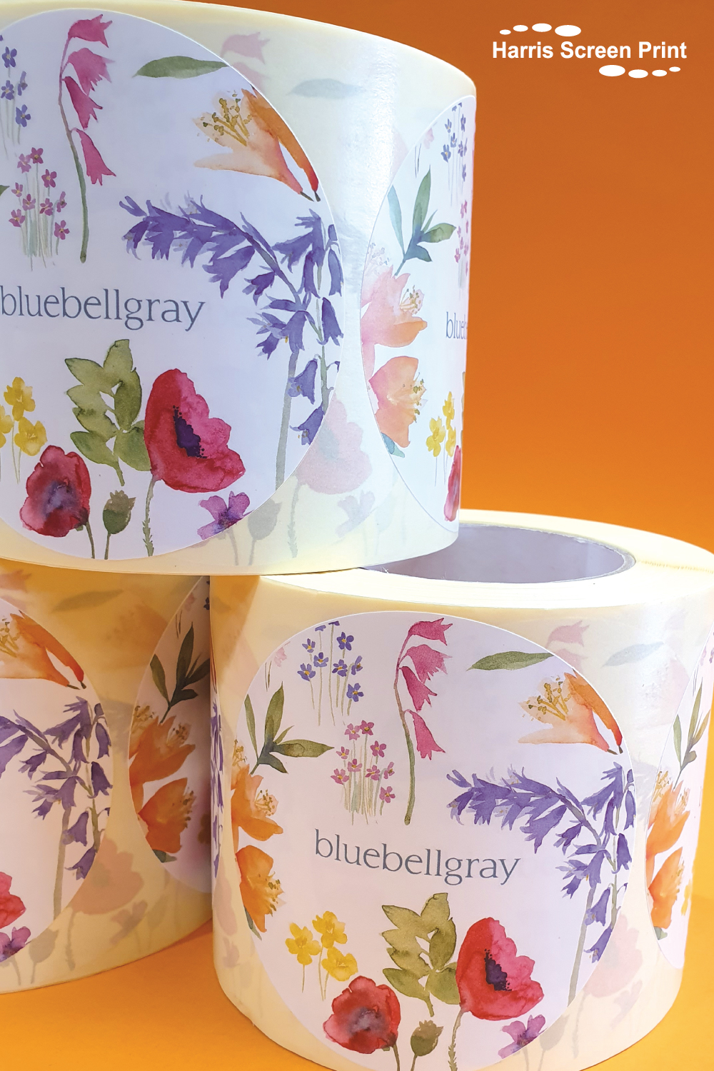Rolls of labels printed for Bluebell Gray