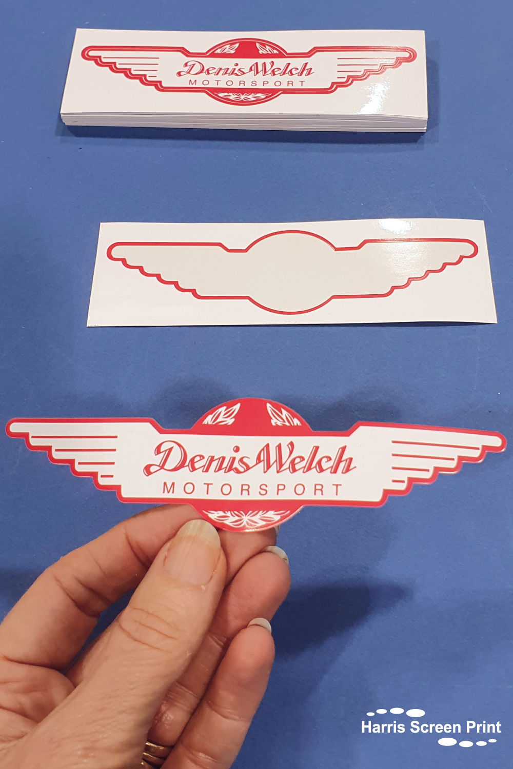 Durable bespoke shaped stickers printed for Denis Welch Motorsport